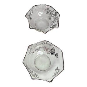 Silver City glass Silver overlay poppy floral‎ ruffle rim 1940s Flanders bowls